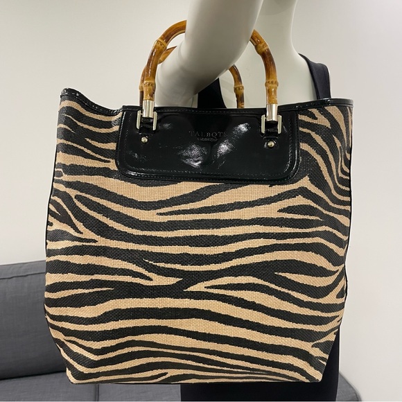 TALBOTS Large Animal Print Tote Bag Faux Black Patent Trim Bamboo-Effect Handles - Picture 5 of 16